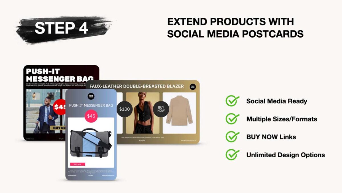 Turn products into Sales Postcards ready for sharing across social media